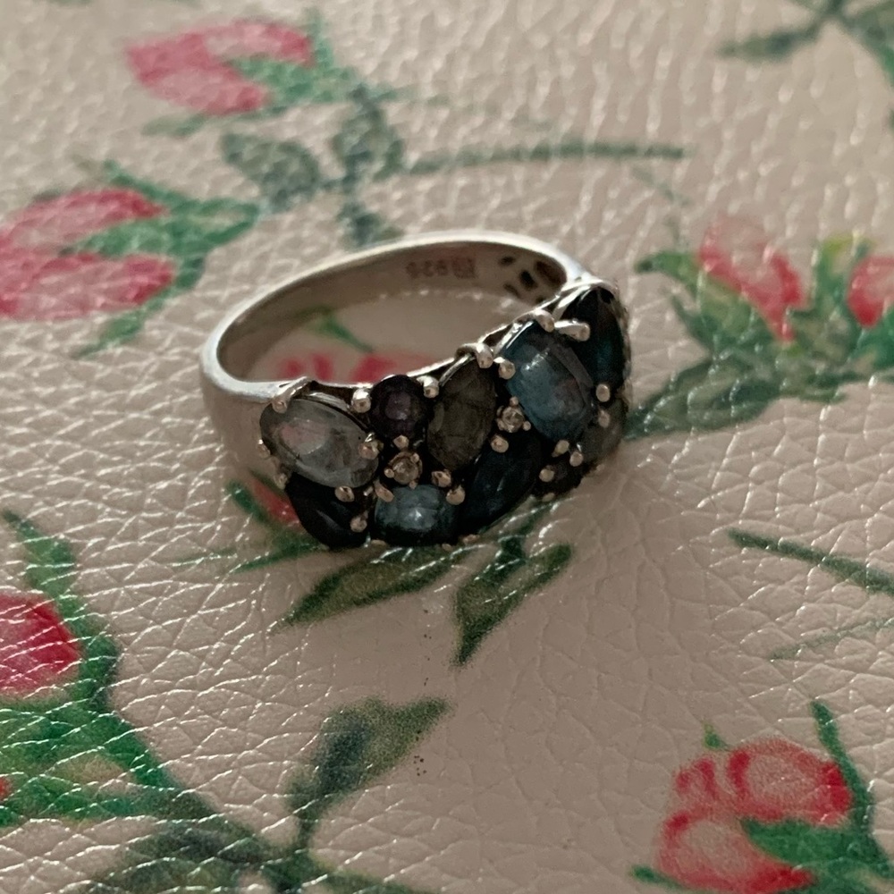 925 Sterling Silver Ring with Blue Multicolour Stones Wide Stacker Band Sz 6.75